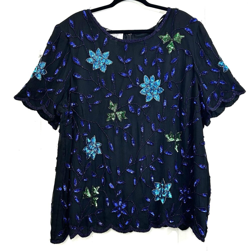 Candlelight &Champagne Vintage Floral Blue Teal Black Sequin Silk Top Size 28W